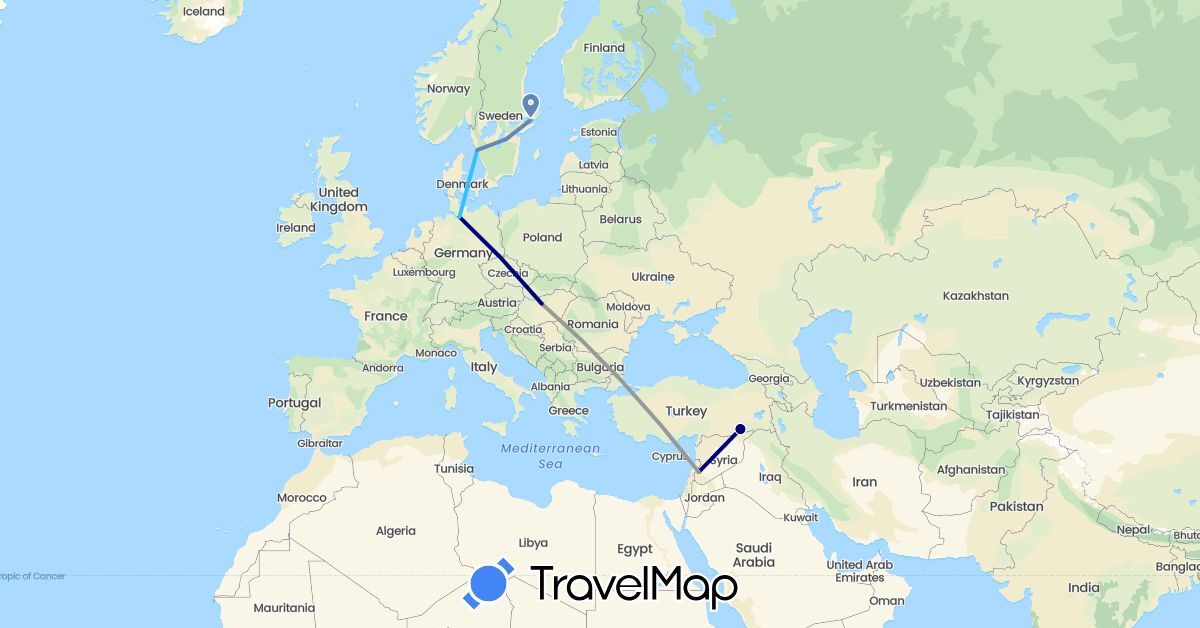 TravelMap itinerary: driving, plane, cycling, boat in Germany, Hungary, Sweden, Syria, Turkey (Asia, Europe)